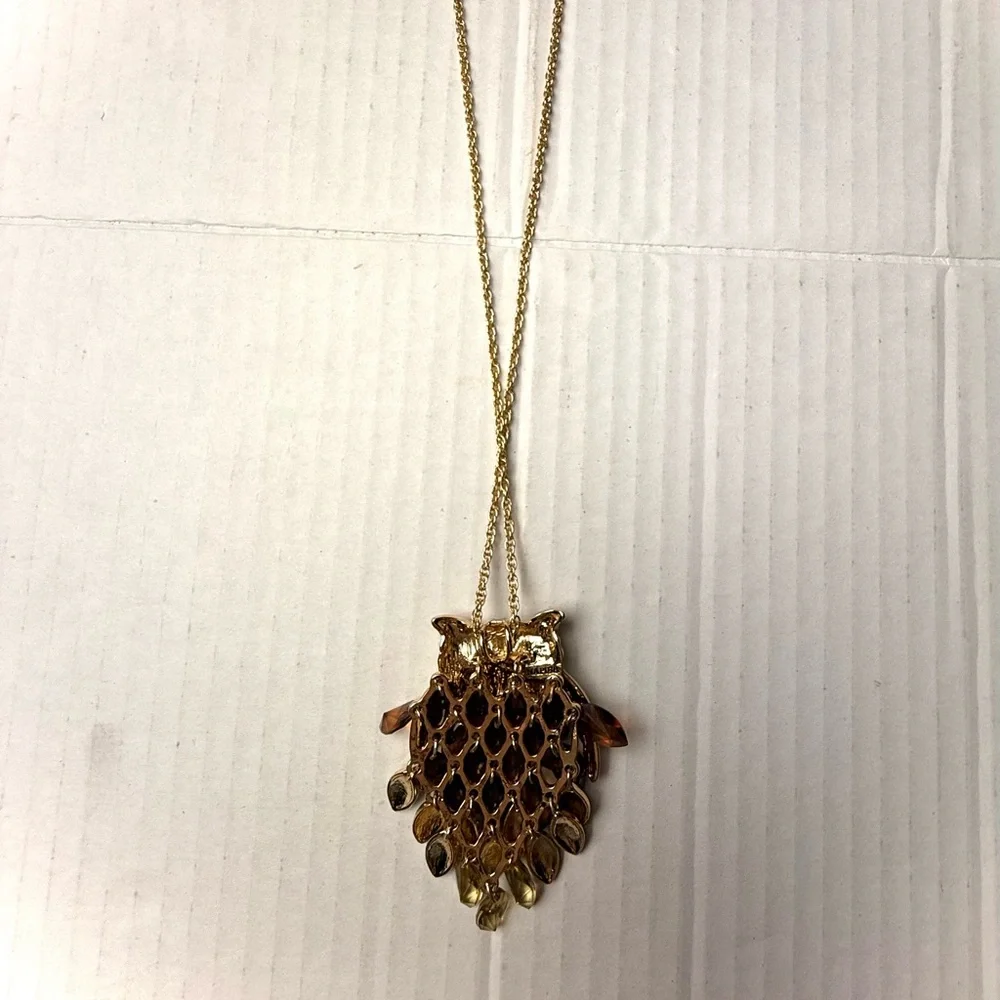 Vintage‎ Napier Necklace Gold Tone Articulated Owl New Amber Stones Large 32”